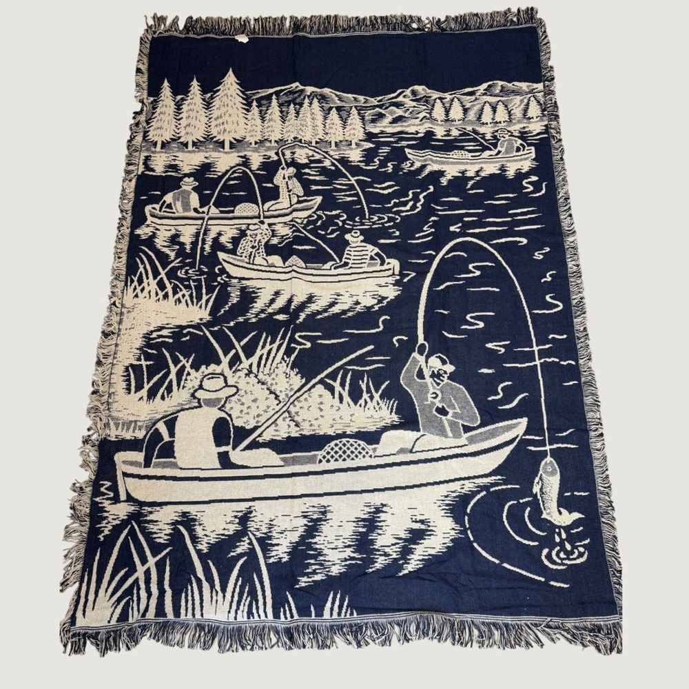 Vintage Woven Blanket 50x73 Tapestry Reversible Fisherman Outdoors Cabin New